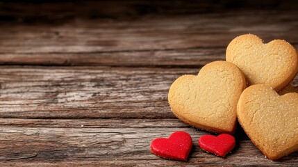 Obraz premium Heart-Shaped Cookies and Red Hearts on a Rustic Wooden Surface for Valentine's Day Decoration