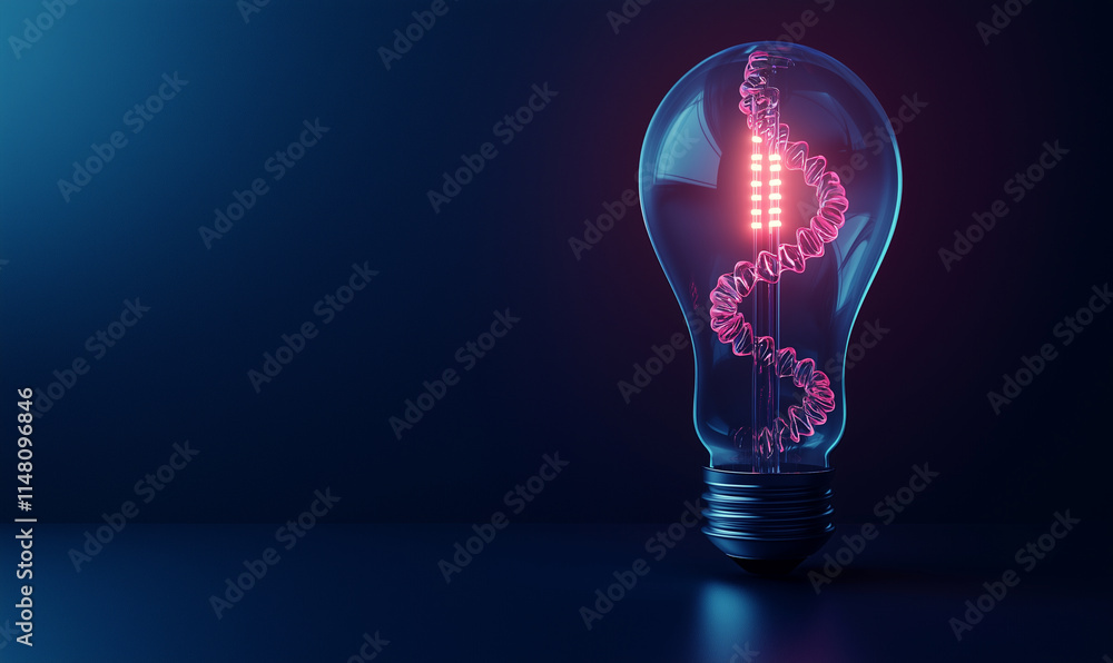 Poster a glowing light bulb featuring a dna spiral design illuminated in red, representing the intersection