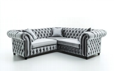 A luxurious corner sofa with soft light gray velvet and adjustable headrests, isolated on a white background