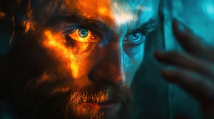 Moody Mans Portrait Blue and Orange Lighting, Intense Gaze, CloseUp, Bearded Face, Mysterious, Intri