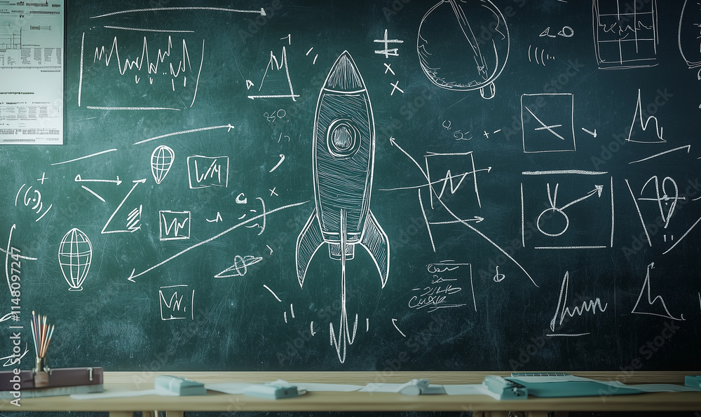 Poster a chalkboard features a rocket sketch surrounded by various scientific graphs and equations, symboli