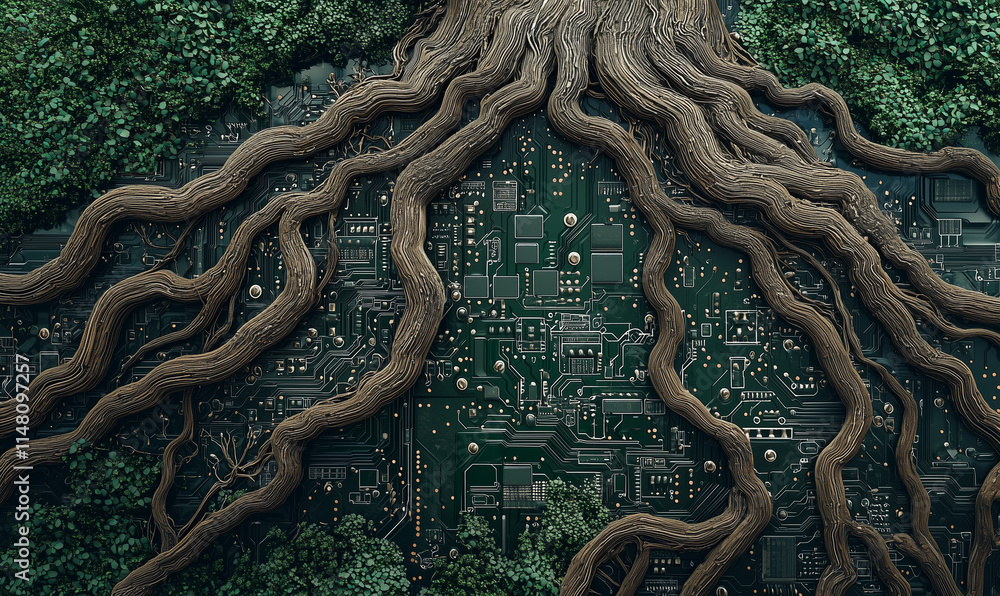 Aufkleber a digital tree with sprawling roots intertwines with a circuit board, symbolizing the fusion of natu