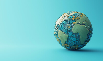 A stylized globe features intricate gear patterns, symbolizing technology and interconnectedness against a vibrant turquoise background.