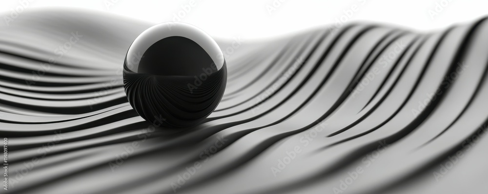 Poster abstract sphere, black waves, minimalistic design, d rendering of a smooth sphere on flowing surface