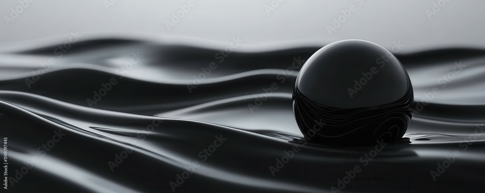 Poster abstract sphere, black waves, minimalistic design, d rendering of a smooth sphere on flowing surface