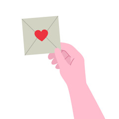 Hand holding square envelope with a red heart. Love letter. Valentines day greeting card. Vector illustration isolated on white background.