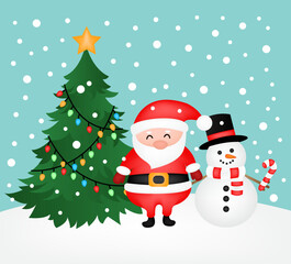 Illustration of Santa Claus, Christmas tree and snowman on a blue background.