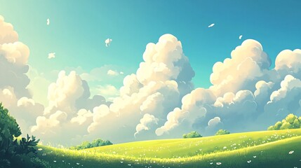 Fototapeta premium Serene Pastoral Landscape with Lush Green Fields and Fluffy White Clouds