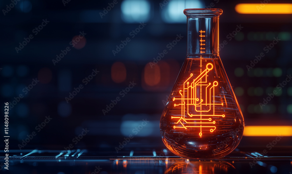 Aufkleber a glowing laboratory flask with a circuit board design, set against a dark, high-tech background, sy