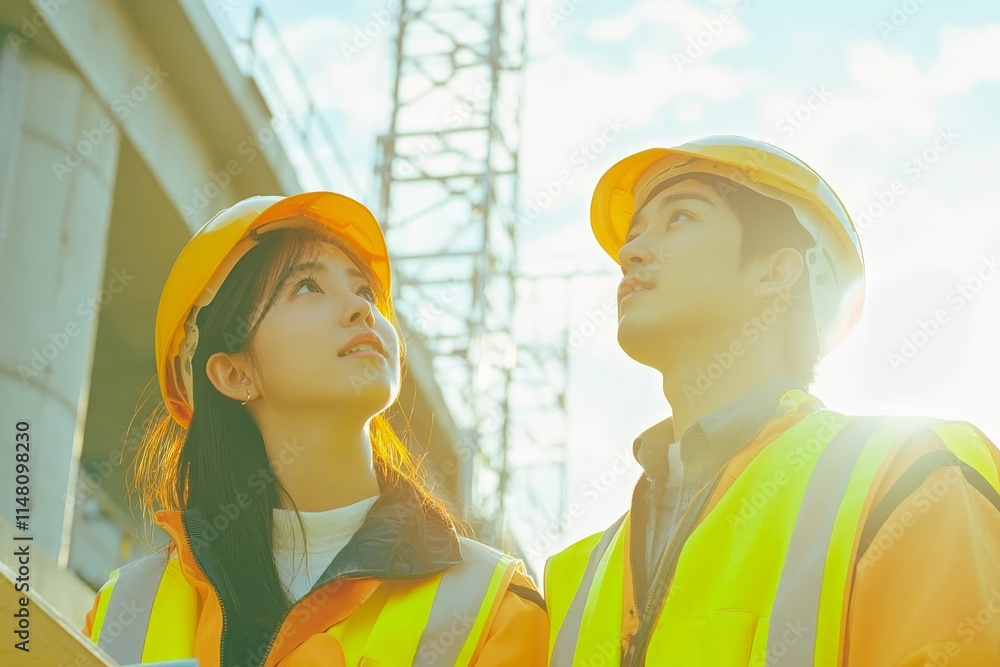 Poster two asian engineer working at site of a large building project.