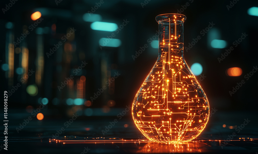 Poster a glowing laboratory flask filled with intricate circuits and vibrant lights, set against a dark bac