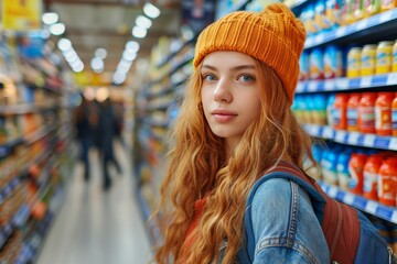 Fototapeta premium Young woman with long red hair and orange beanie shopping in a grocery store aisle filled with colorful products