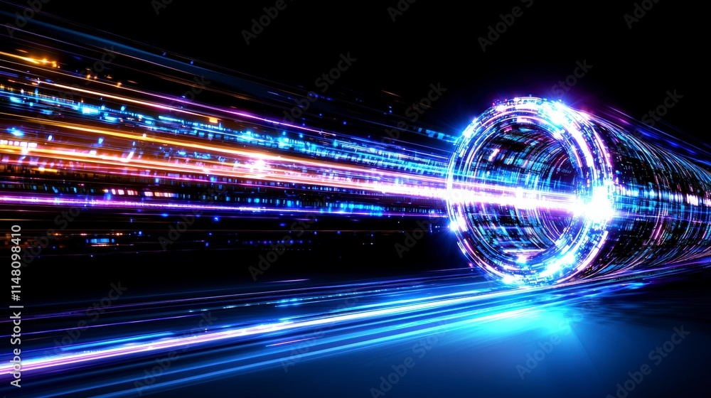 Poster futuristic data stream abstract technology tunnel digital flow glowing lines bright li