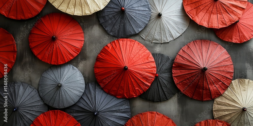 Poster A collection of red and white umbrellas arranged in a pattern