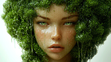 Woman with lush green moss hair.