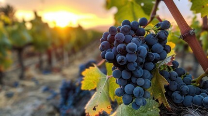 Grapes ripening on the vine during sunset in a vineyard showcasing a beautiful landscape and a rich harvest season