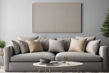 Beige cushions on gray couch in modern living room