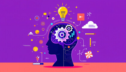 Conceptual representation of creativity and innovation with gears and light bulb design on vibrant background