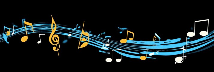Abstract musical notes flowing on a dark background.
