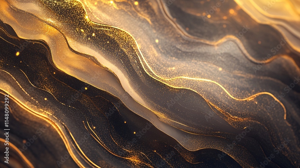 Poster abstract waves of gold and black with sparkles in textured flowing design