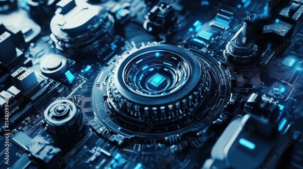 Poster blue digital technology background with mechanical elements and circuit board