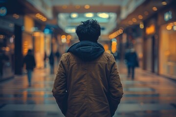Obraz premium Person walks alone through a bustling shopping mall during evening hours while others move in the background
