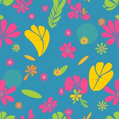 Blue Floral Pattern: A vibrant and whimsical seamless pattern featuring a mix of colorful flowers, leaves, and abstract shapes on a bright blue background. This design evokes a sense of summer, joy.