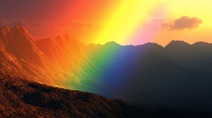 Fototapeta premium Rainbow Hues Across Majestic Mountain Ranges At Sunset