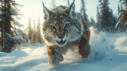 Majestic lynx powerfully running through a snowy winter forest, backlit by the sun. A breathtaking wildlife scene full of energy and winter magic.