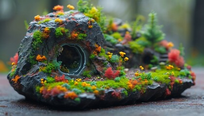 Obraz premium Vibrant miniature landscape adorned with colorful flora on a textured rock under soft natural light in a serene environment. Generative AI