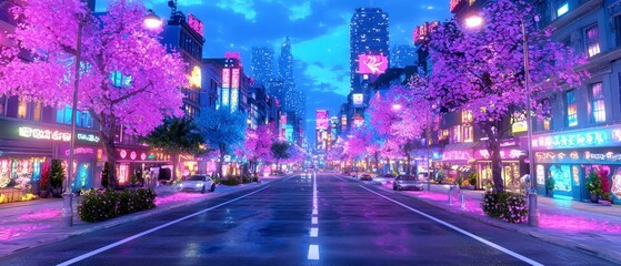 Cyberpunk Cityscape  Neon Lights  Cherry Blossoms  Night Street Scene