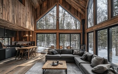 A modern cabin-style Scandinavian house with vertical wooden panels and large windows