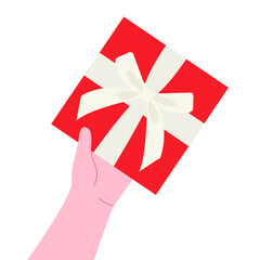 Hand holding red gift box with white ribbon and bow. Valentines Day celebration. Vector illustration isolated on white background. 