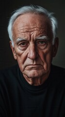 Obraz premium Elderly man with deep wrinkles and intense gaze reflecting wisdom and experience against a dark background