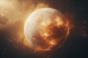 Obraz premium A glowing planet surrounded by cosmic clouds, evoking a sense of wonder and exploration.