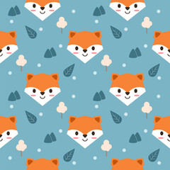 Face fox cartoon so cute. On leaf mountain tree snow background. Pattern seamless vector illustration. 