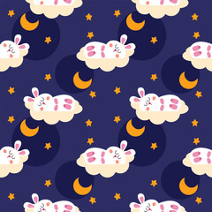 Rabbit sleep on cloud cartoon so cute. On star moon background. Pattern seamless vector illustration. 