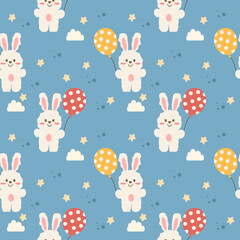 Rabbit and balloon cartoon so cute. On cloud star background. Pattern seamless vector illustration. 
