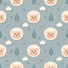 Face sheep cartoon so cute. On leaf cloud heart background. Pattern seamless vector illustration. 