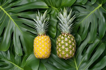 Fototapeta premium Fresh Pineapples on Green Leaves with Tropical Vibes and Colors
