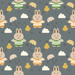 Rabbit cartoon so cute. On umbrella tree cloud gray background. Pattern seamless vector illustration. 
