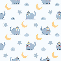 Blue cat cartoon so cute. On moon star cloud background. Pattern seamless vector illustration. 