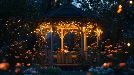 Obraz premium Romantic Garden Gazebo Wrapped in Twinkling Lights Surrounded by Colorful Roses