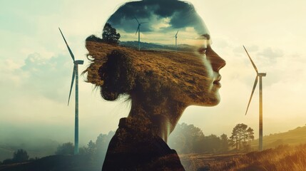 Double exposure graphic of business people working over wind turbine farm and green renewable energy worker interface. Concept of sustainability development by alternative energy. uds