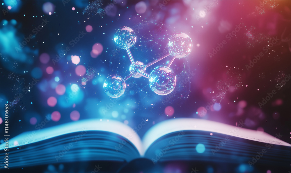 Aufkleber exploring stem education through an open book of science and technology concepts in a vibrant cosmic