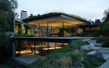 Obraz premium A modern minimalist home with a floating staircase, large glass panels, and a rooftop garden