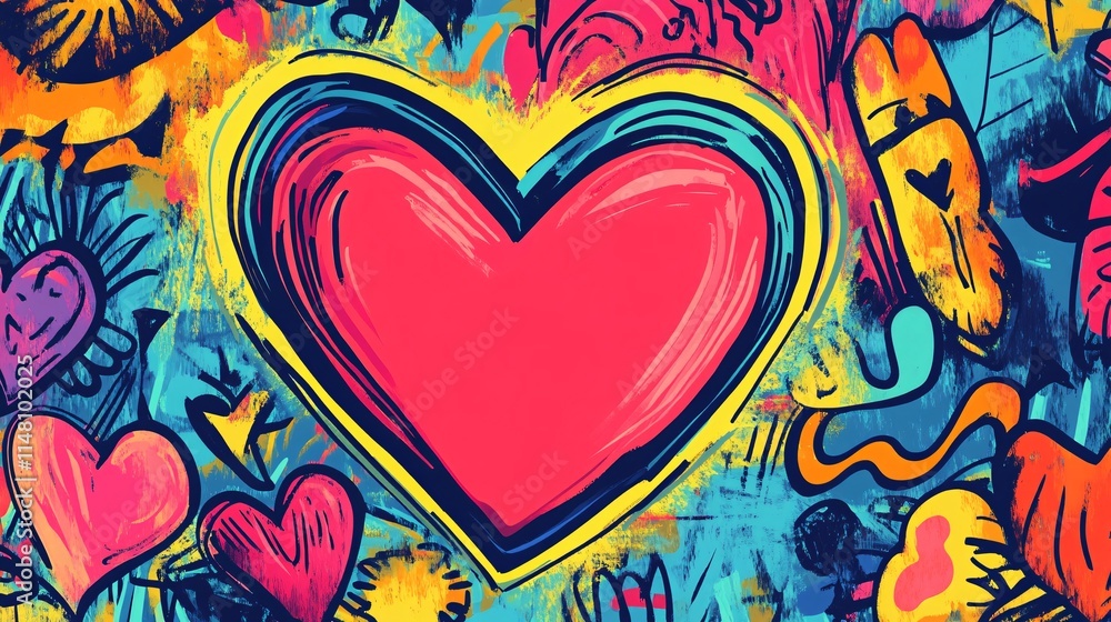 Poster vibrant heart illustration with colorful abstract background and whimsical patterns