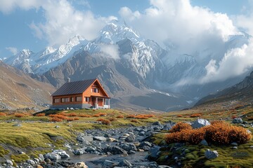 A house in a valley with a mountain in the background