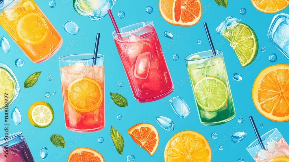 Aufkleber a blue background with a pattern of drinks and fruit. there are four drinks and four oranges. the dr