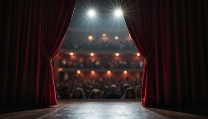 Theater stage with red curtains and audience in spotlight
